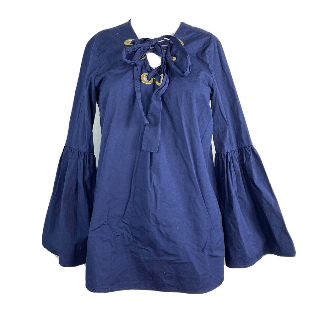 Michael Kors Shirt Womens Sz M Navy Blue‎ Laced Front Bell Sleeve Peasant Blouse